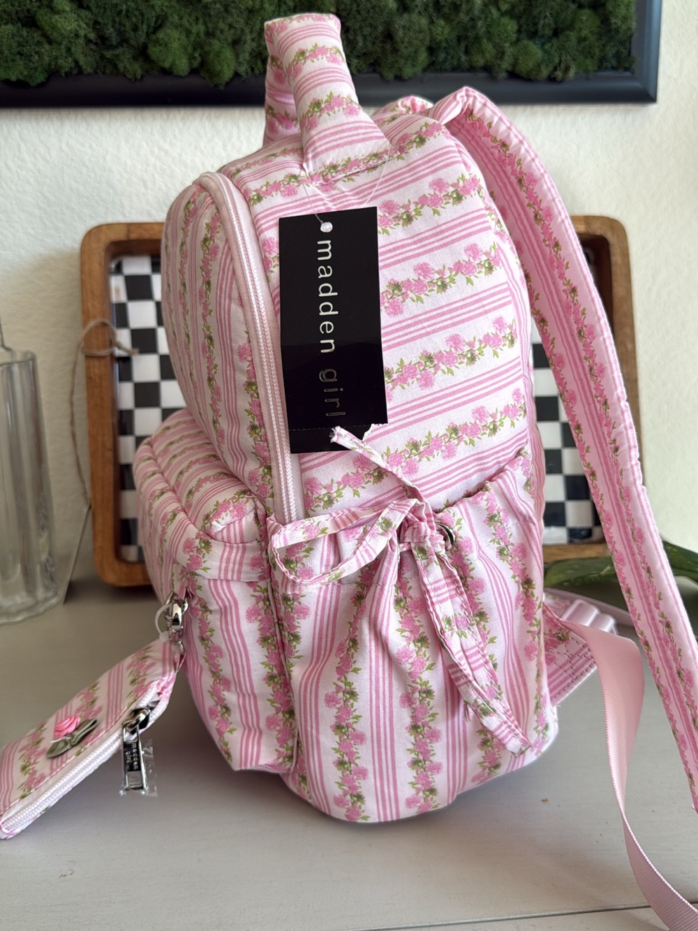 Steve Madden Pink Floral Stripe Backpack with Matching Pouch - Picture 3 of 3